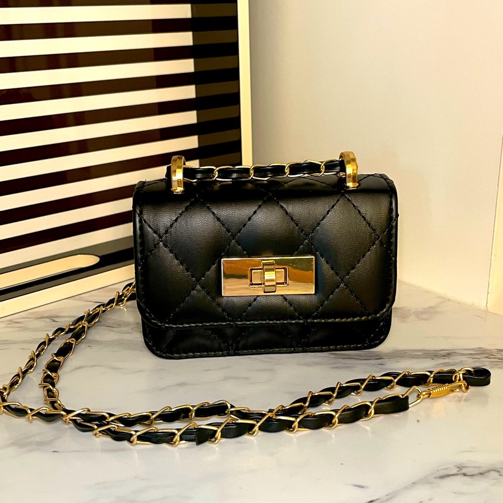 Black Quilted Mini Crossbody Bag with Gold Chain